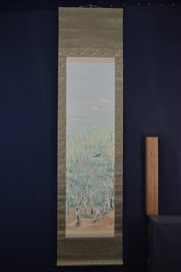 【真作】野村松韵/新樹/新緑小禽図/掛軸/名家伝来/Z-897
