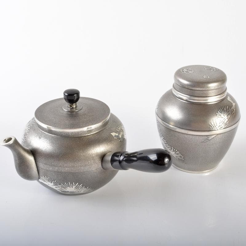 煎茶道具　本錫製　乾茂號造　四君子文　茶壷　急須　茶托　茶器　桐箱　FR6364