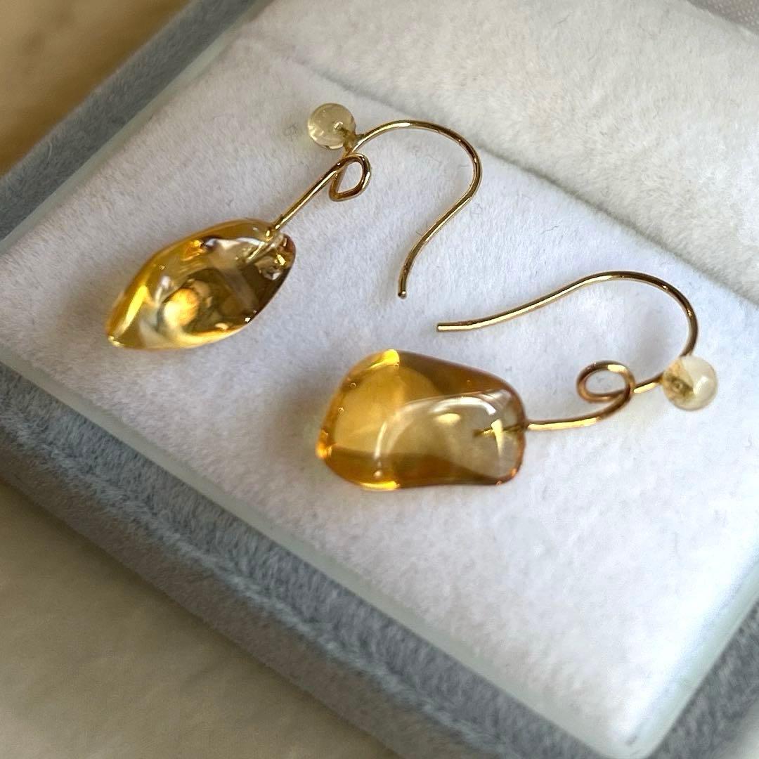 K18 シトリン フックピアス 刻印あり｜天然石 ゴールド 大人ジュエリー