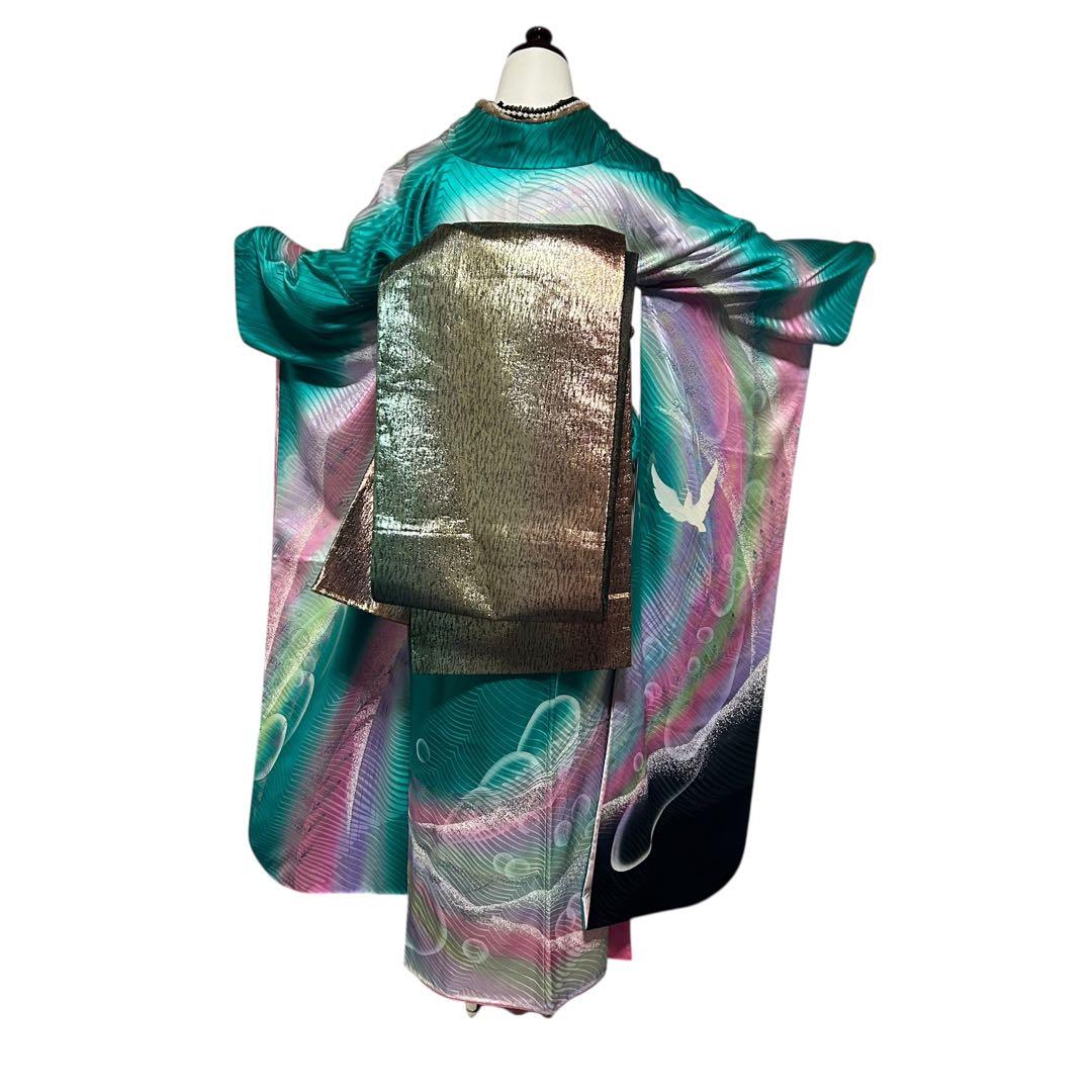 正絹　振袖　フルセット　６点　モダン　成人式　個性的　トール　裄丈長め