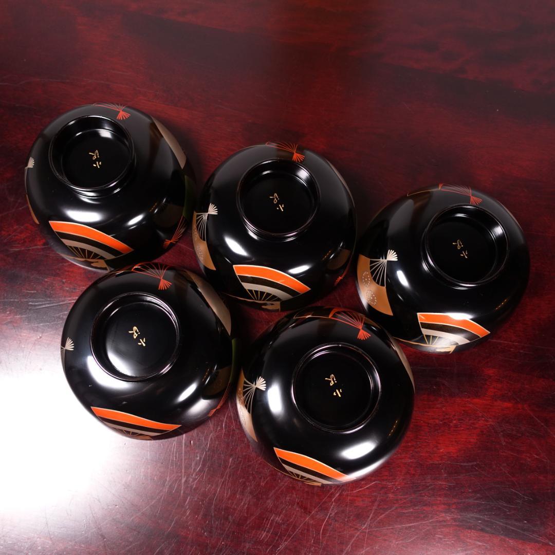 輪島塗 黒塗 扇蒔絵 煮物椀 5客 共箱 天然木製漆器
