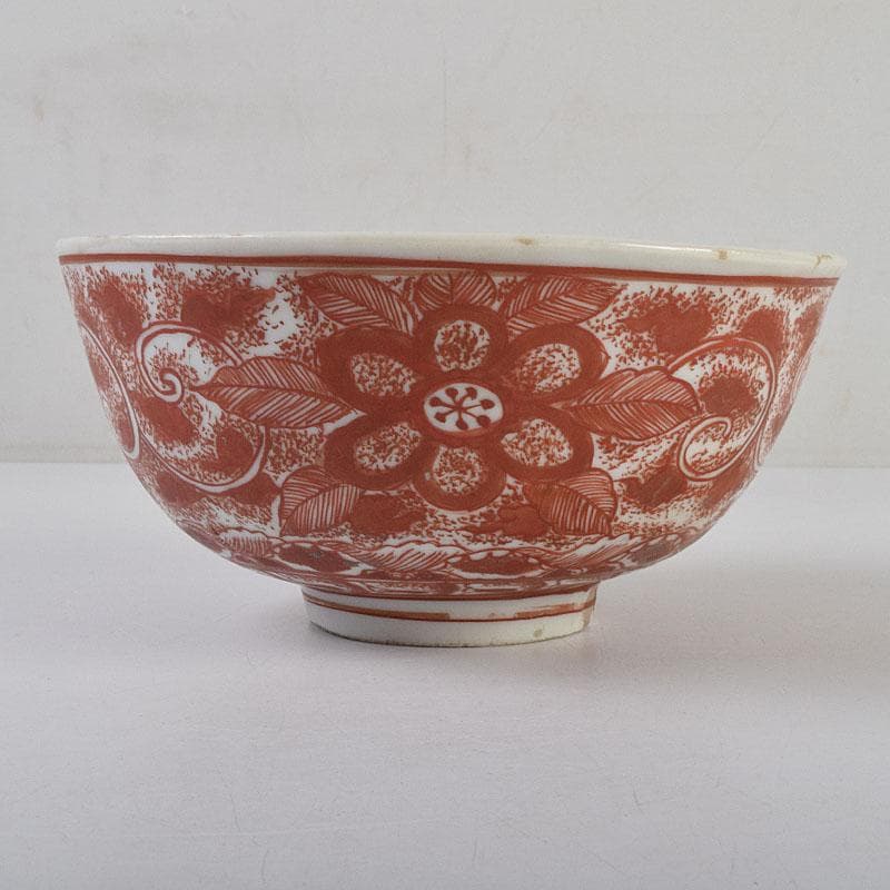 犬山焼　松原惣兵衛作　赤絵師道平絵付　赤絵唐草文　菓子鉢　共箱　V　R9507