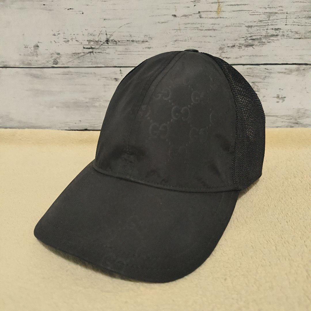 み*き様 極美品　GUCCI　GG柄　総柄　ブラック ベースボールキャップ メッ