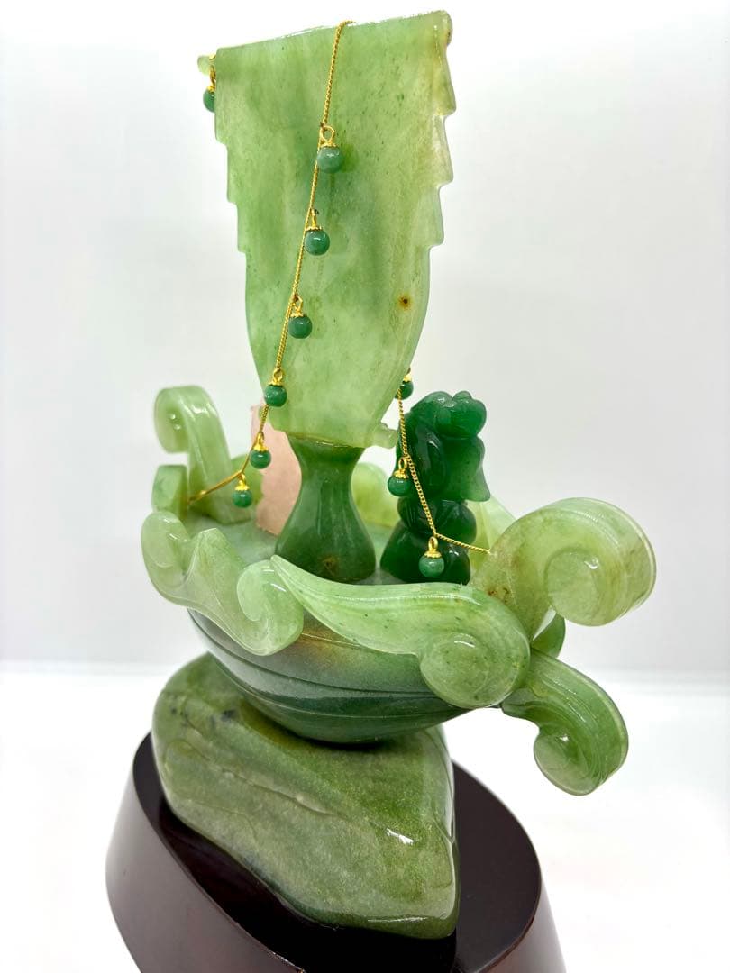 #伝統工芸士　斉藤本晴作 インド翡翠 『宝船 』彫刻置物