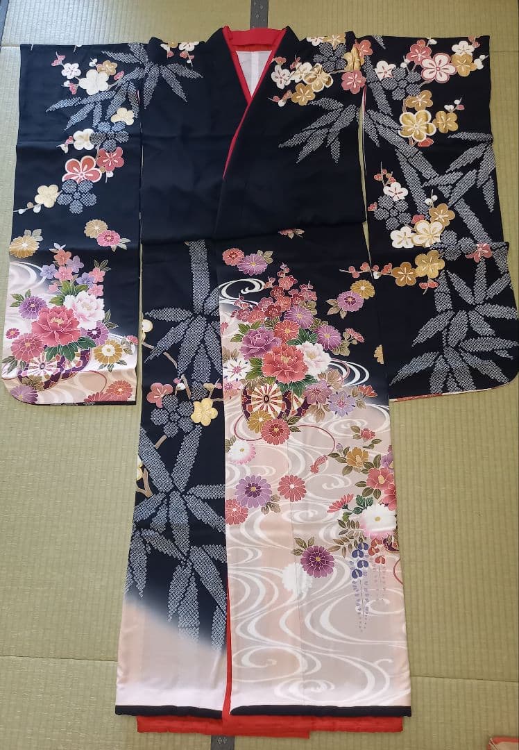 黒引き振袖 友禅 くすみピンクぼかし 花柄 花嫁衣裳