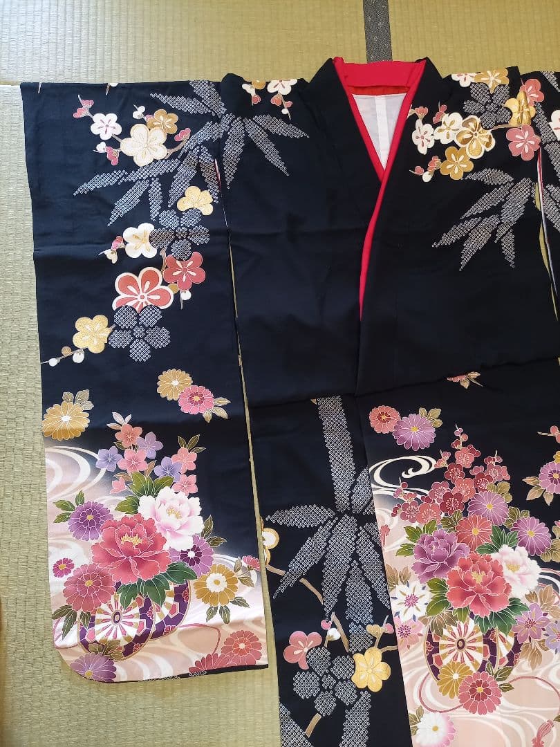 黒引き振袖 友禅 くすみピンクぼかし 花柄 花嫁衣裳