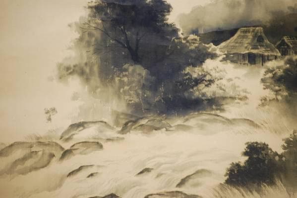 真作/耕嶺/山水農帰図/桐共箱付/布袋屋掛軸HB-841