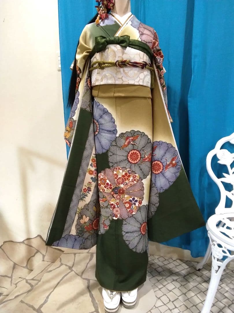 振袖フルセット、正絹振袖レトロ、成人式、重ね衿、帯揚げ帯締め、西陣高級袋帯、襦袢