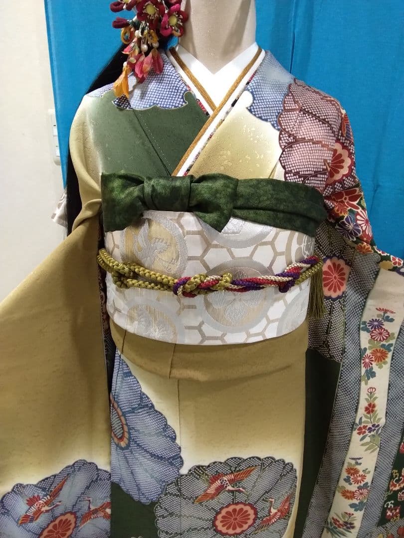 振袖フルセット、正絹振袖レトロ、成人式、重ね衿、帯揚げ帯締め、西陣高級袋帯、襦袢
