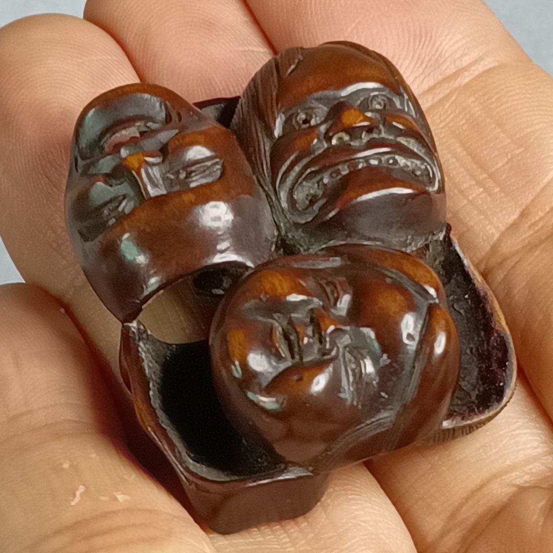 柘植彫 根付 能面尽くし 「おかめ 鬼 猩々 他六面 」 江戸時代