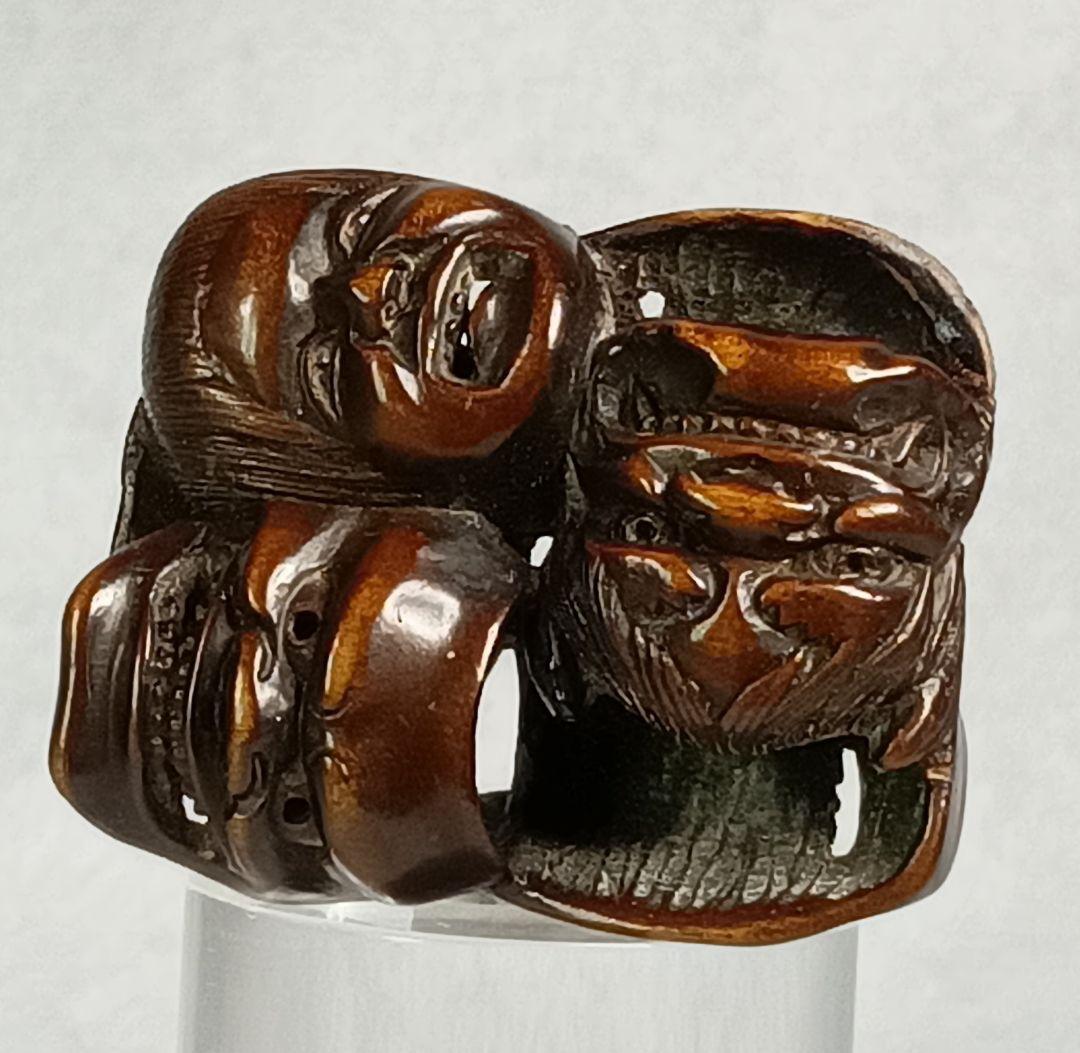 柘植彫 根付 能面尽くし 「おかめ 鬼 猩々 他六面 」 江戸時代