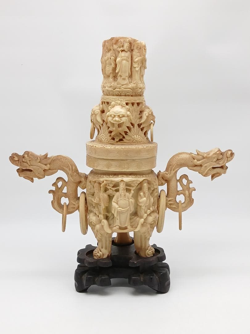 香炉　中国美術工芸　三つ足　獅子　龍　台付き