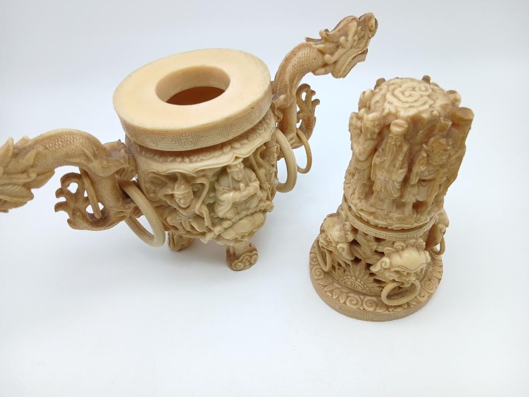 香炉　中国美術工芸　三つ足　獅子　龍　台付き