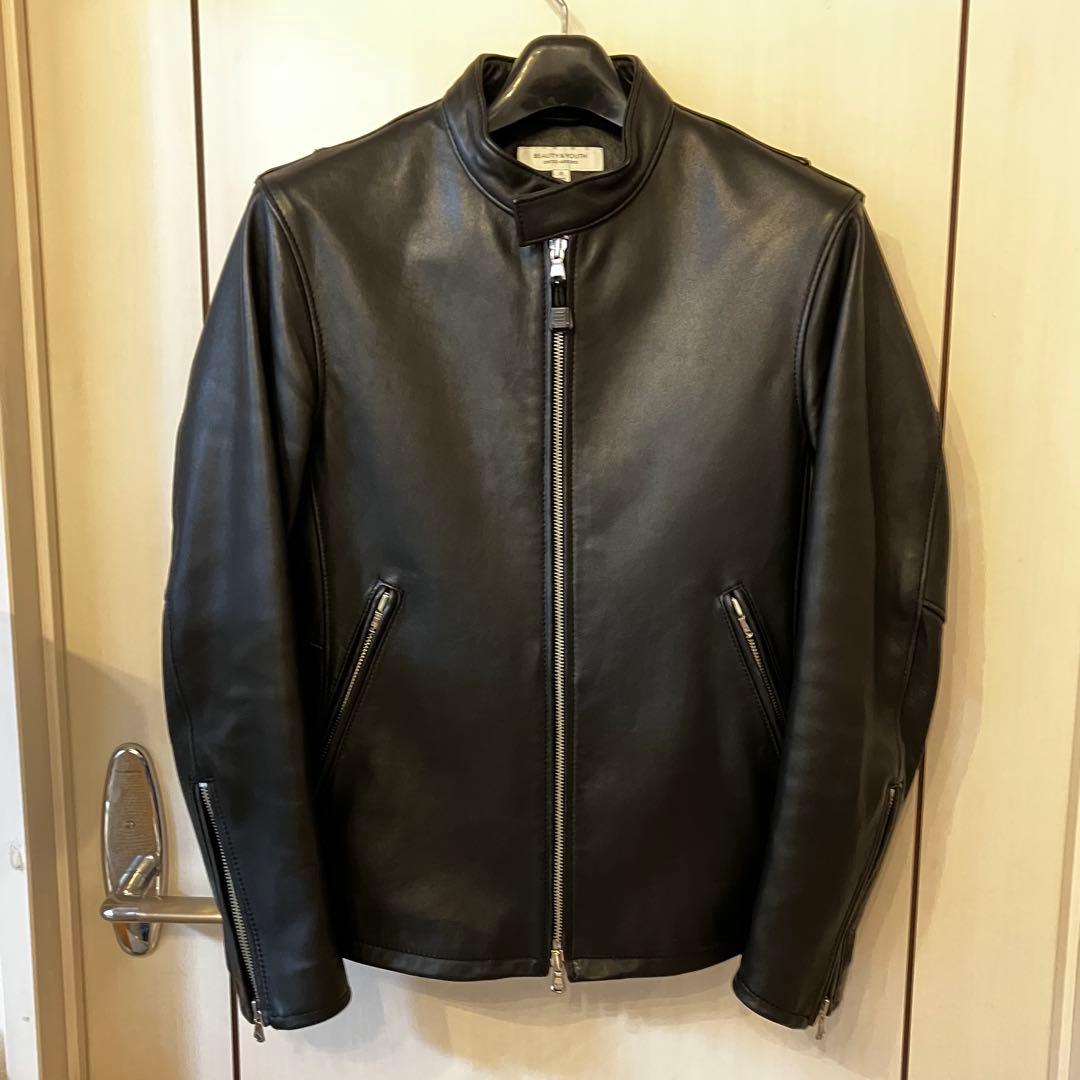 BEAUTY & YOUTH シングル ライダース・ジャケット（羊革、ブラック）