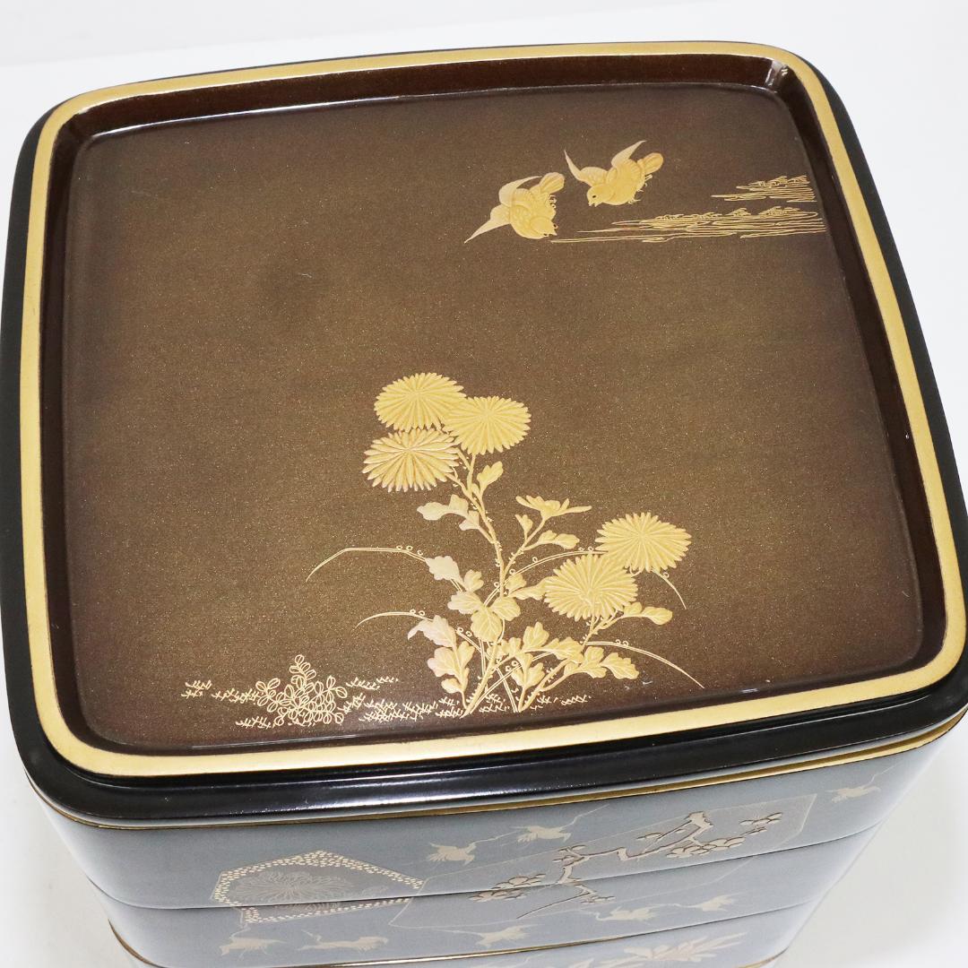 蒔絵 金彩 漆器 重箱 4段 梨地 岡持ち 木製 木箱付き
