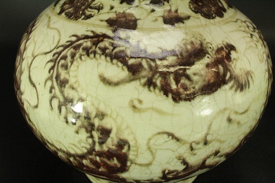 中国美術 釉裏紅 龍紋 瓢形 瓶 高43cm(LC597)