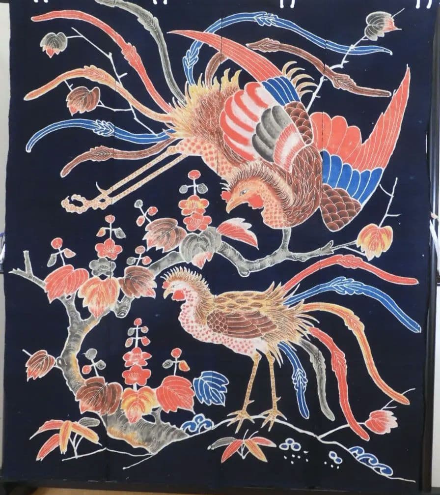 木綿・明治期・筒描4巾・鳳凰の番・アンティーク筒描き