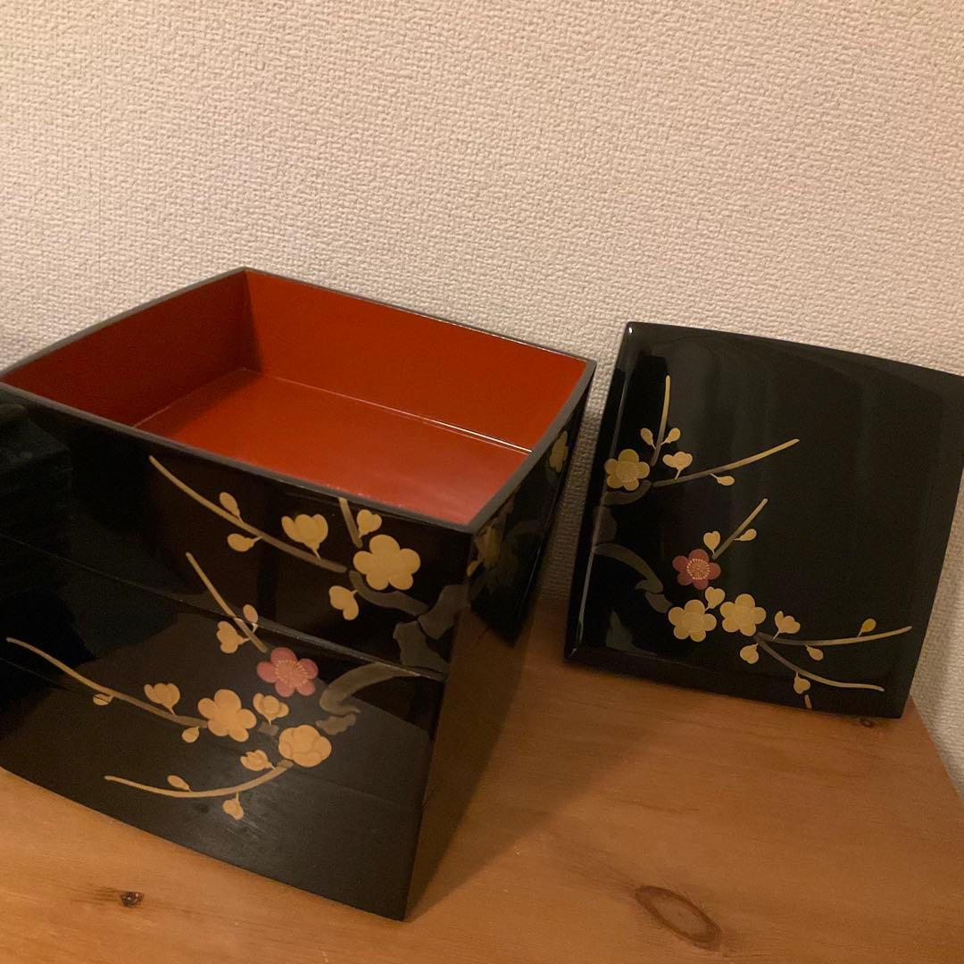 重箱　胴張三段重　金蒔絵　梅　18cm四方