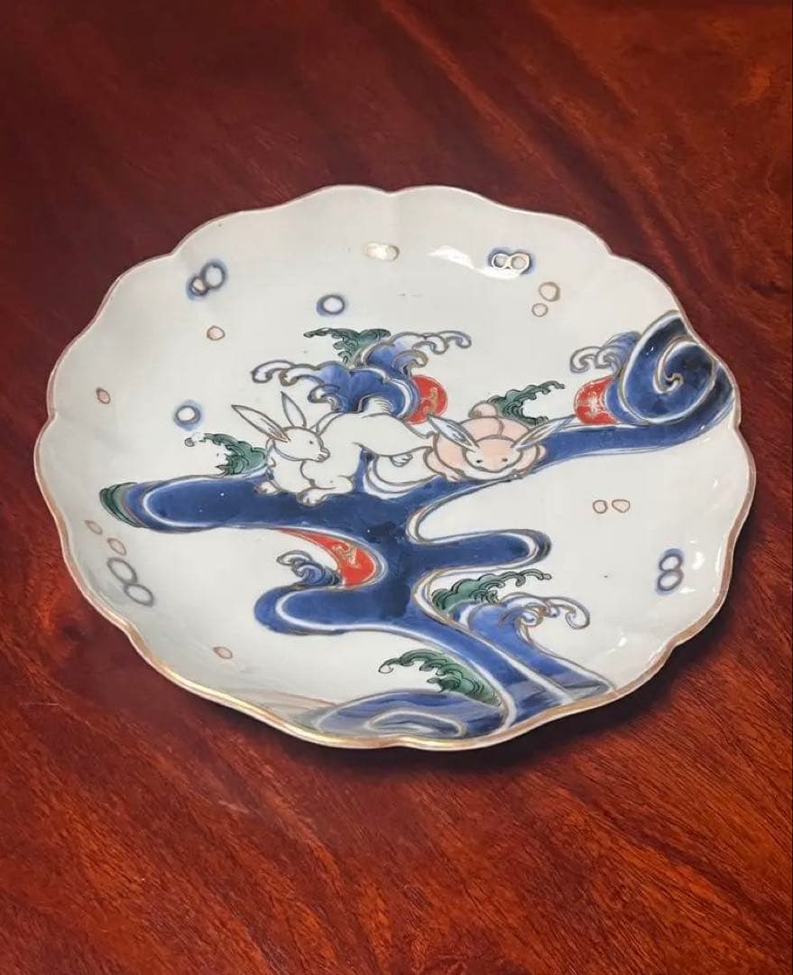 古伊万里　中皿　染錦　色絵　波兎　うさぎ　太明成化年製　柿右衛門　渦福