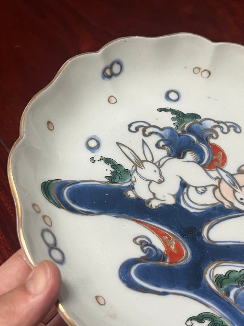 古伊万里　中皿　染錦　色絵　波兎　うさぎ　太明成化年製　柿右衛門　渦福