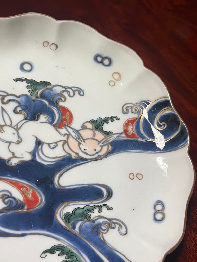 古伊万里　中皿　染錦　色絵　波兎　うさぎ　太明成化年製　柿右衛門　渦福