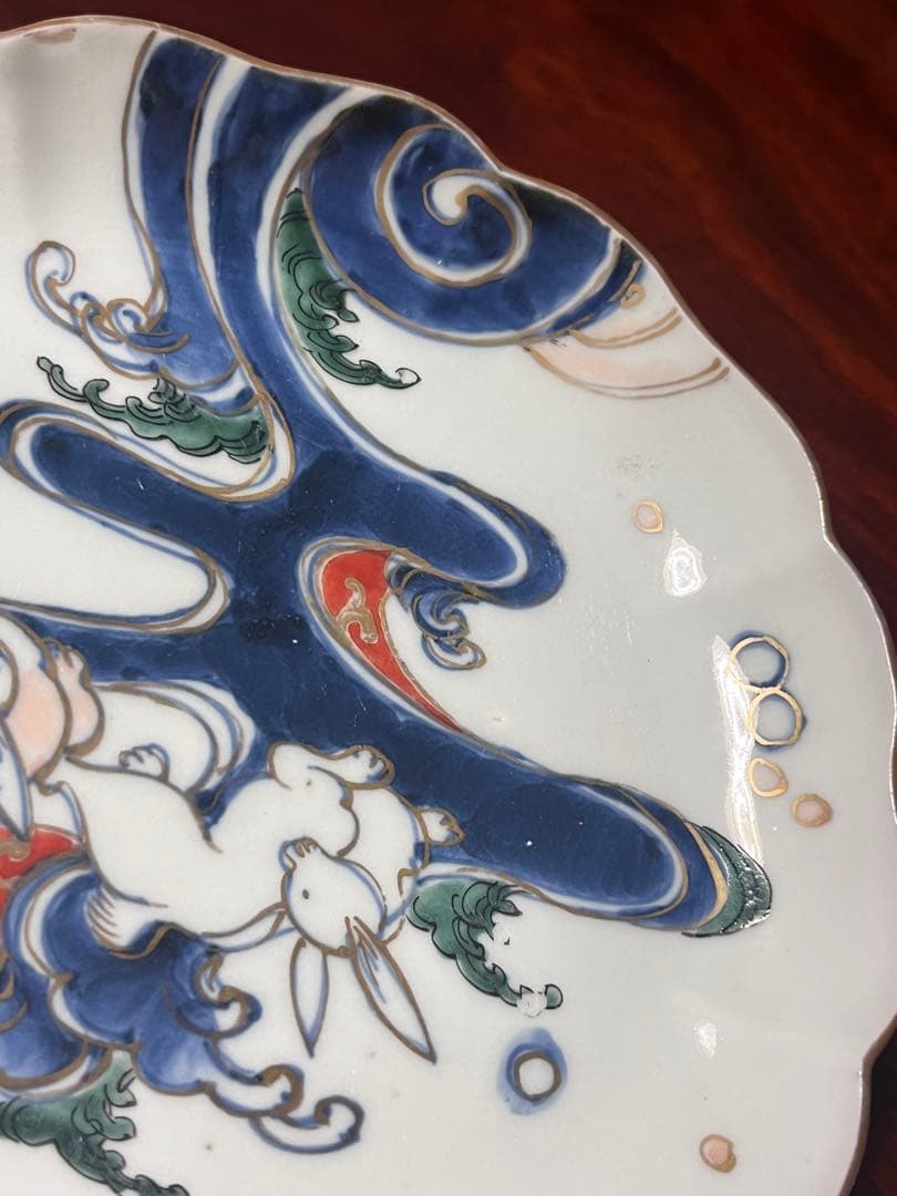 古伊万里　中皿　染錦　色絵　波兎　うさぎ　太明成化年製　柿右衛門　渦福