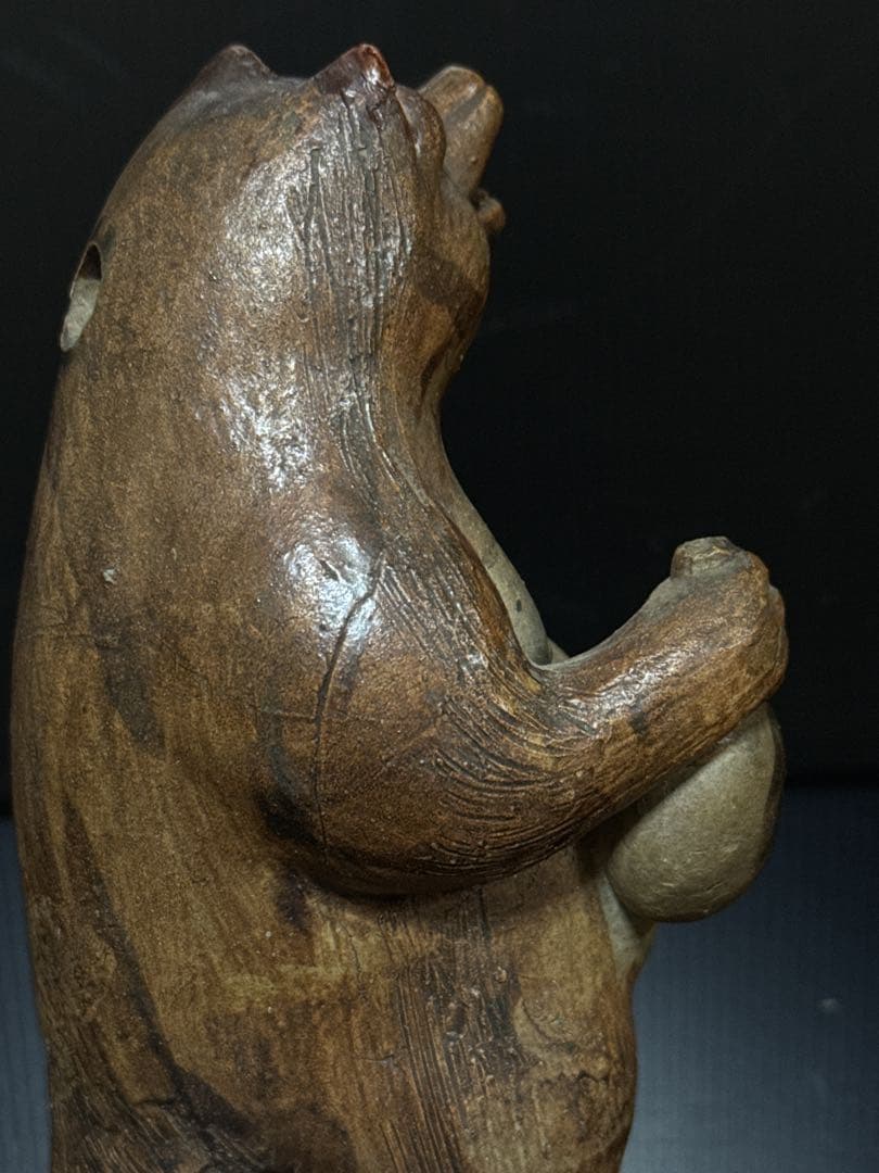 極珍 幕末〜明治期 初期狸 信楽焼 三点立 目透 狸 置物