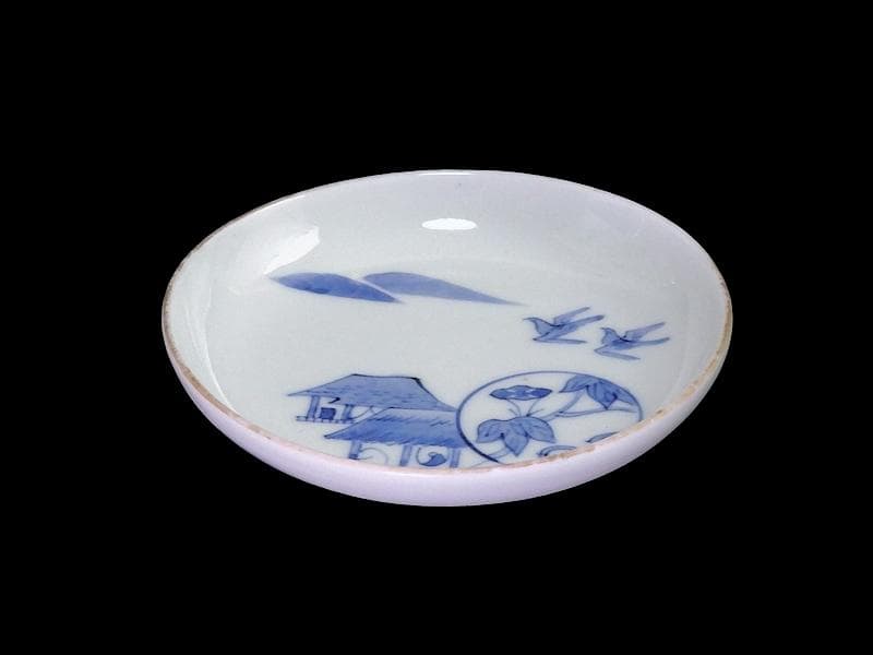 古伊万里　染付　山村に鳥　朝顔の図　３寸皿　豆皿　手塩皿　E595AS-CUc