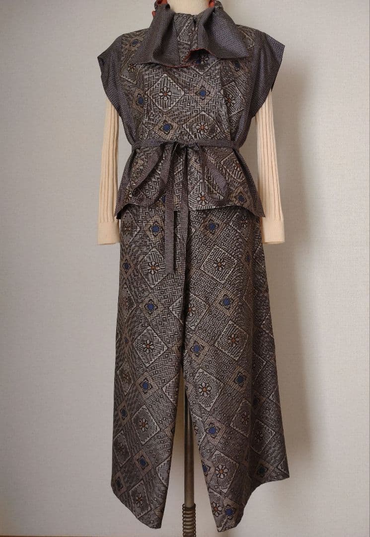 大島紬リメイクワイドパンツ ベスト セットアップ 龍郷