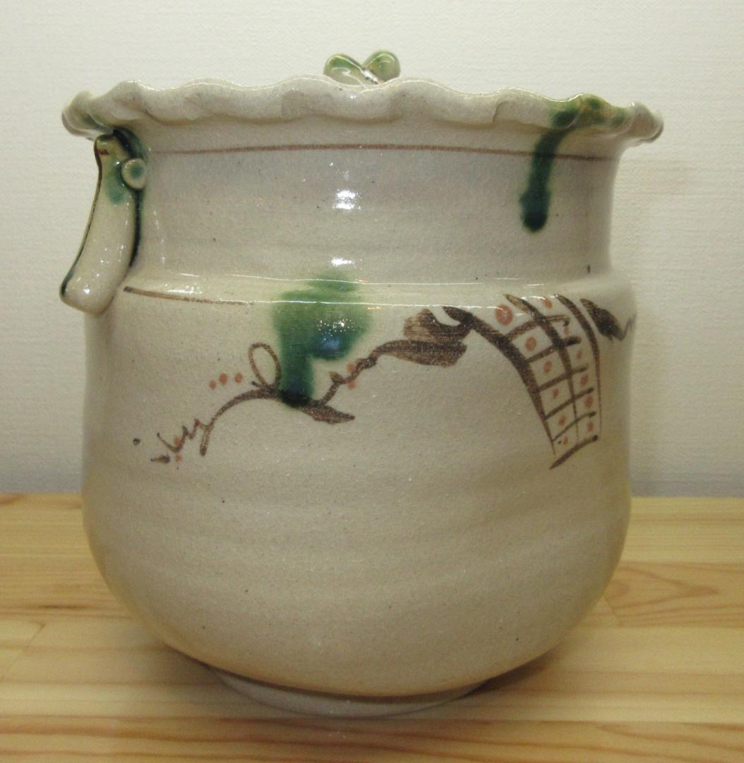 送料込【逢絢亭】茶道具 水指 美濃焼 織部 弥七田写 耳付 林英仁 共箱入り