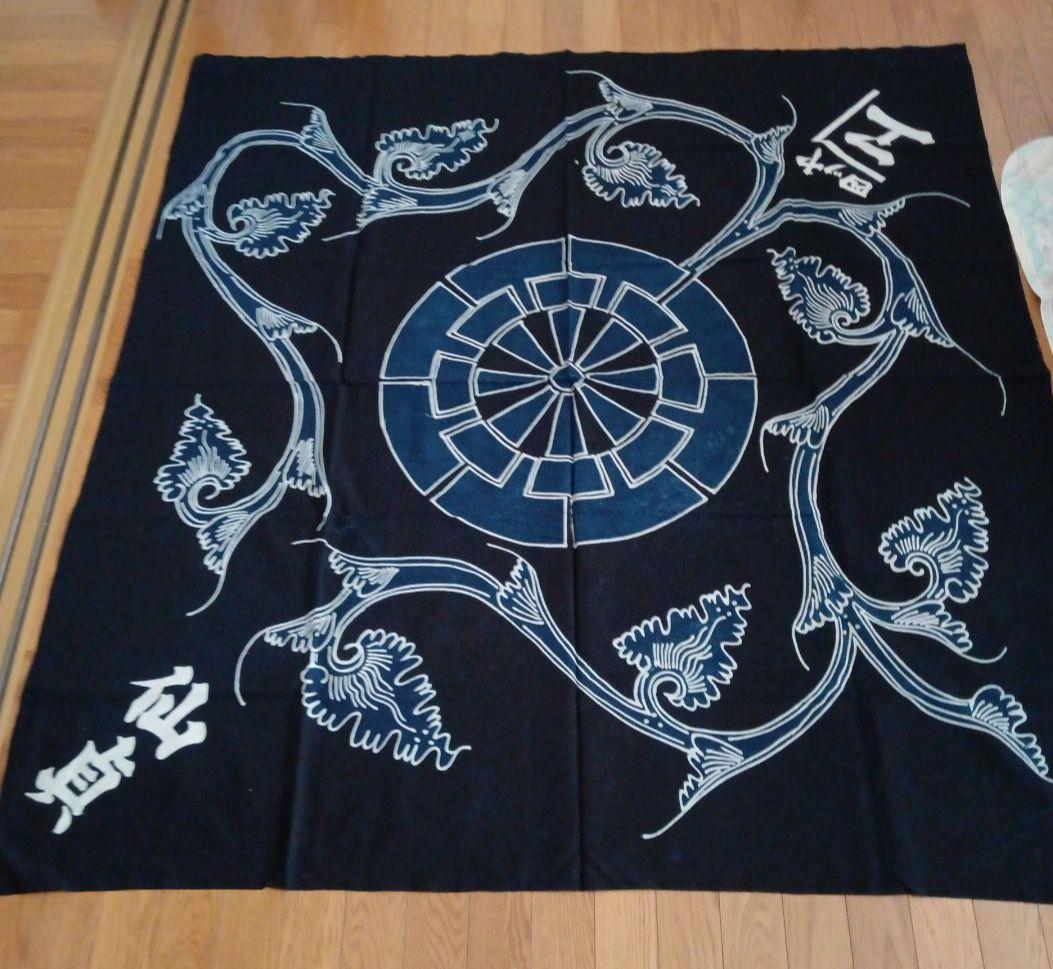 古布　筒描き　藍染　家紋源氏車 違い鷹の羽　渡辺星　３枚