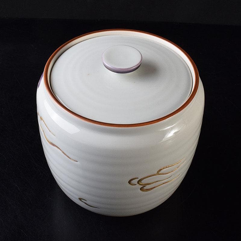 茶道具　京焼　二代　手塚玉堂作　白磁紫彩　竜車文　水指　共布共箱　V　R8716