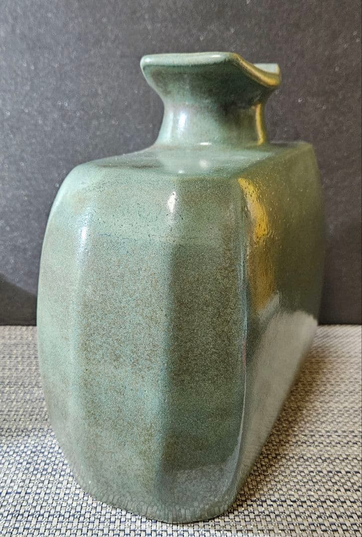 益子民藝　益子焼　名工　明石庄作 造　緑釉 扁壺　大作　師】人間国宝　濱田庄司