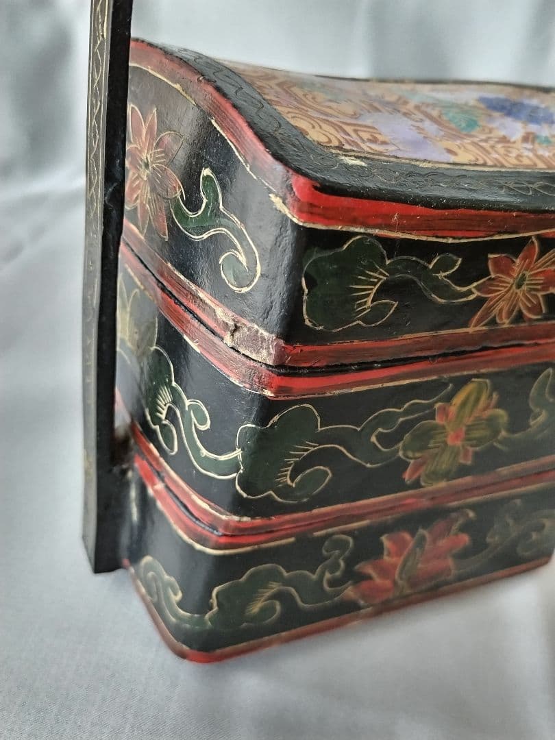 重箱 陶器蓋 草花 鹿 二段重 骨董 ヴィンテージ 時代物 中国 アジア