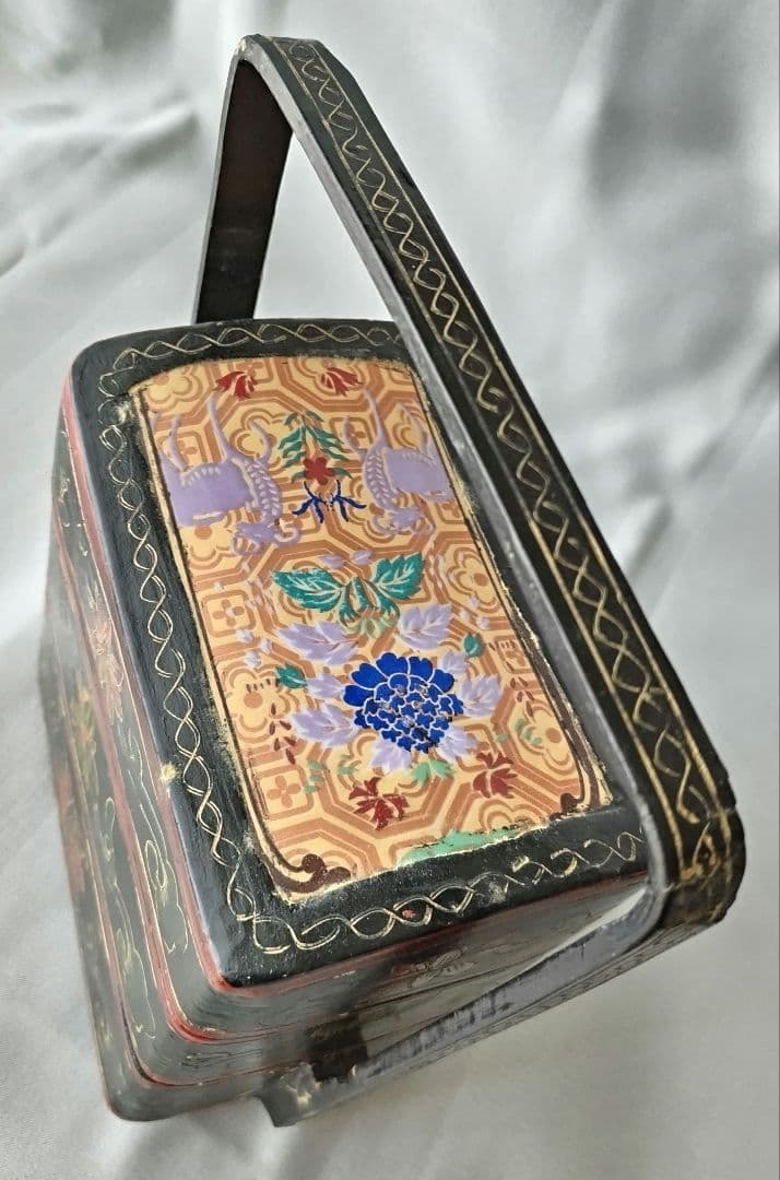 重箱 陶器蓋 草花 鹿 二段重 骨董 ヴィンテージ 時代物 中国 アジア