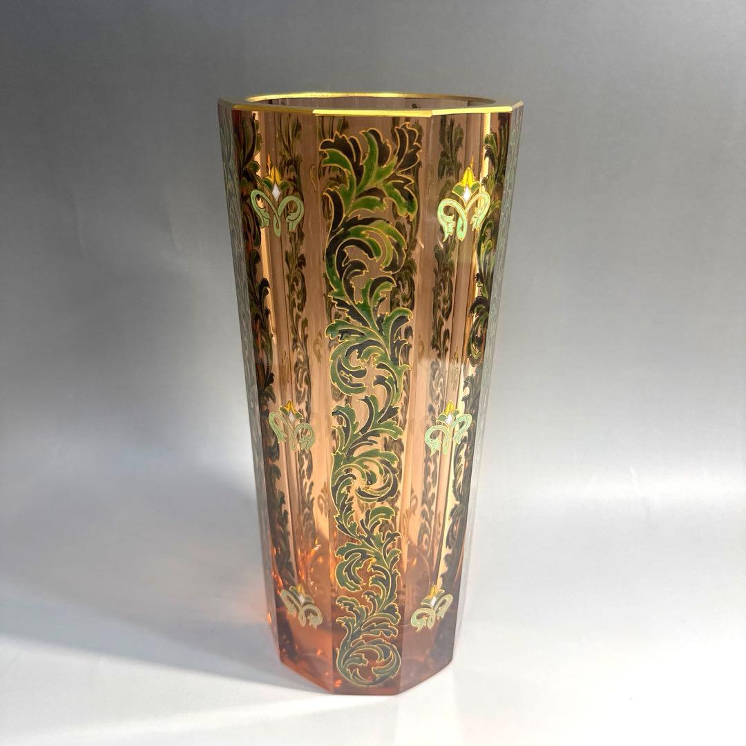 窯彩硝子 雨宮喜能登 エナメル 金彩 フラワーベース 花瓶 クリスタルガラス