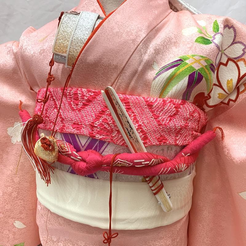 507ag51□七五三 七歳 女児 着物&袋帯＆長襦袢 金彩 毬 桜□状態良好