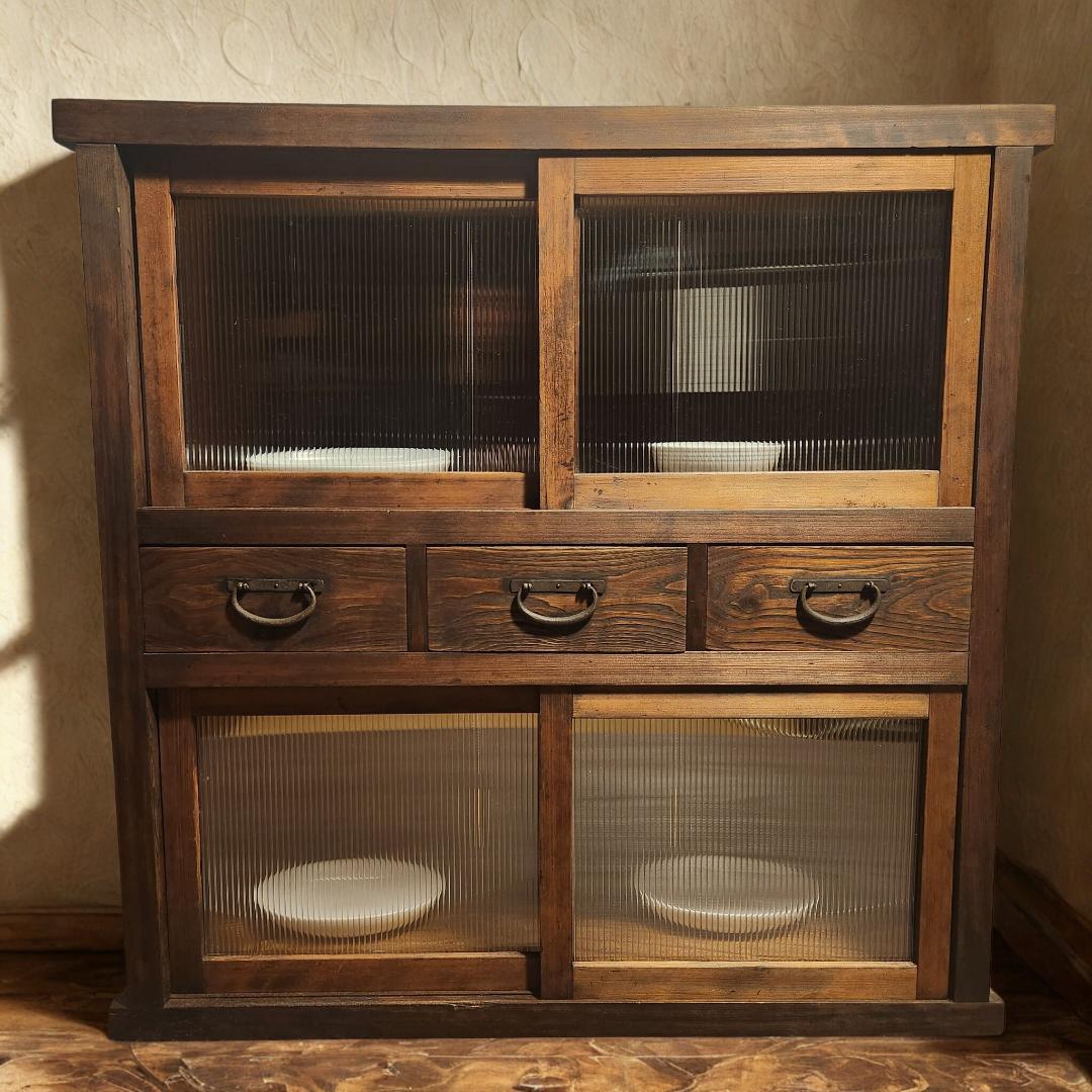 昭和レトロ 水屋箪笥 飾り棚 古家具 木製キャビネット 食器棚 時代箪笥