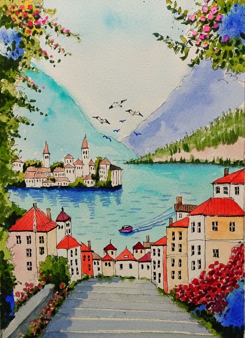 ヨーロッパ海辺の風景　水彩画　原画