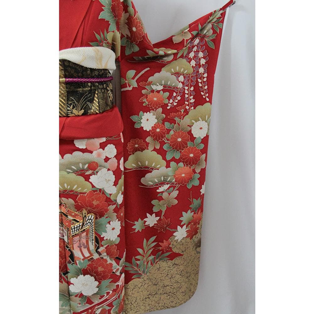 赤■シルク 定番人気■振袖5点セット 帯/帯あげ/帯じめ/伊達衿 No/RF1