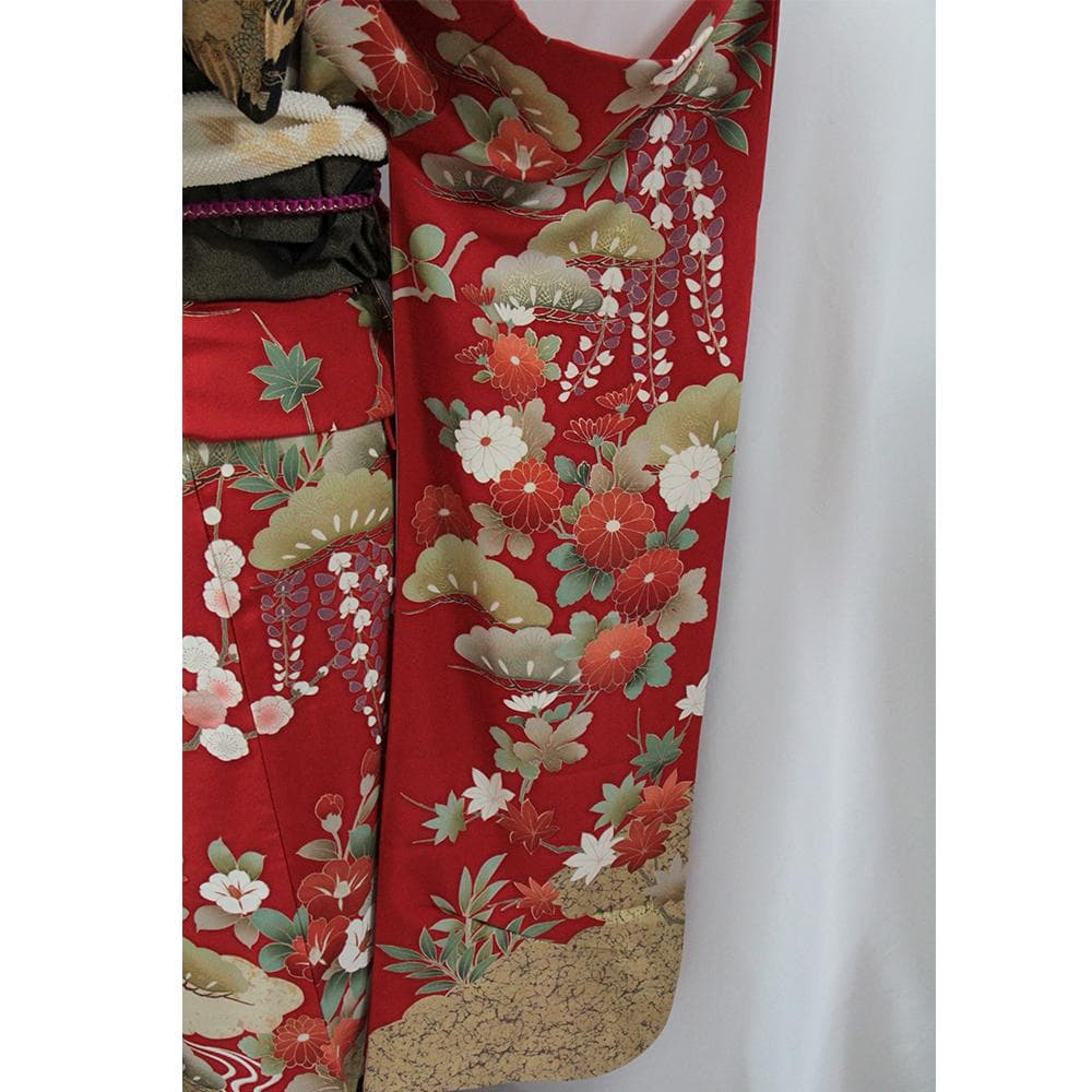 赤■シルク 定番人気■振袖5点セット 帯/帯あげ/帯じめ/伊達衿 No/RF1