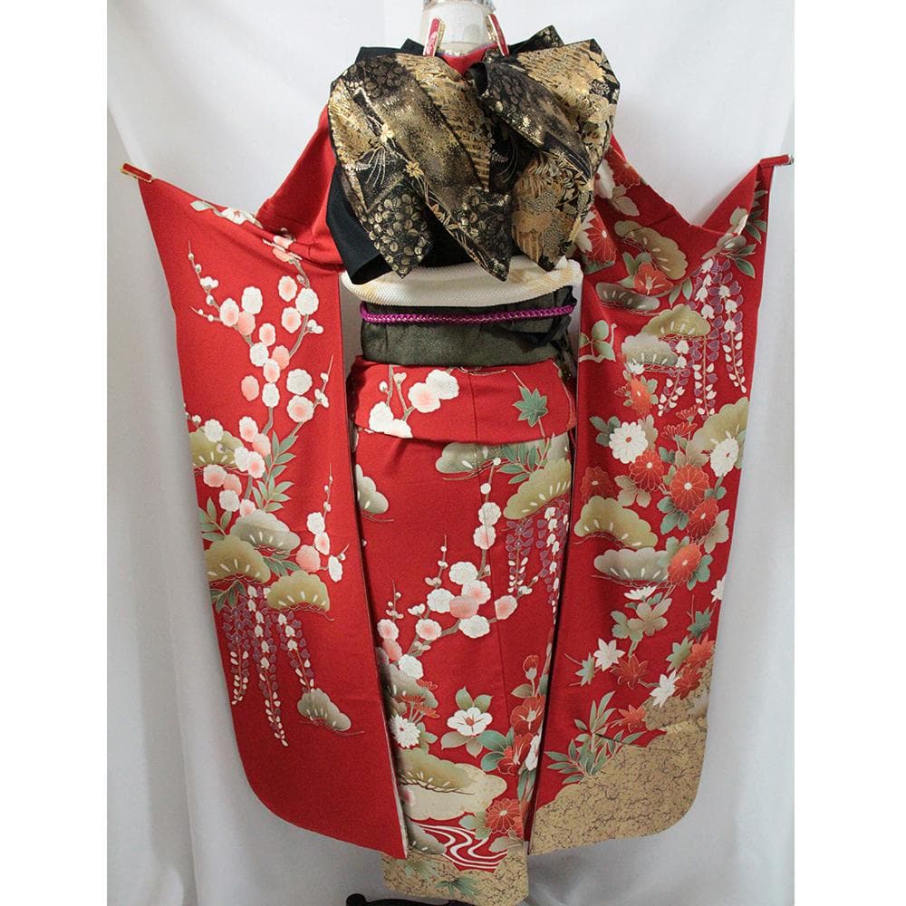 赤■シルク 定番人気■振袖5点セット 帯/帯あげ/帯じめ/伊達衿 No/RF1