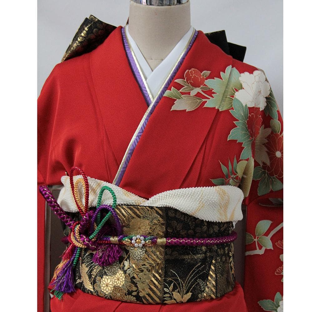 赤■シルク 定番人気■振袖5点セット 帯/帯あげ/帯じめ/伊達衿 No/RF1