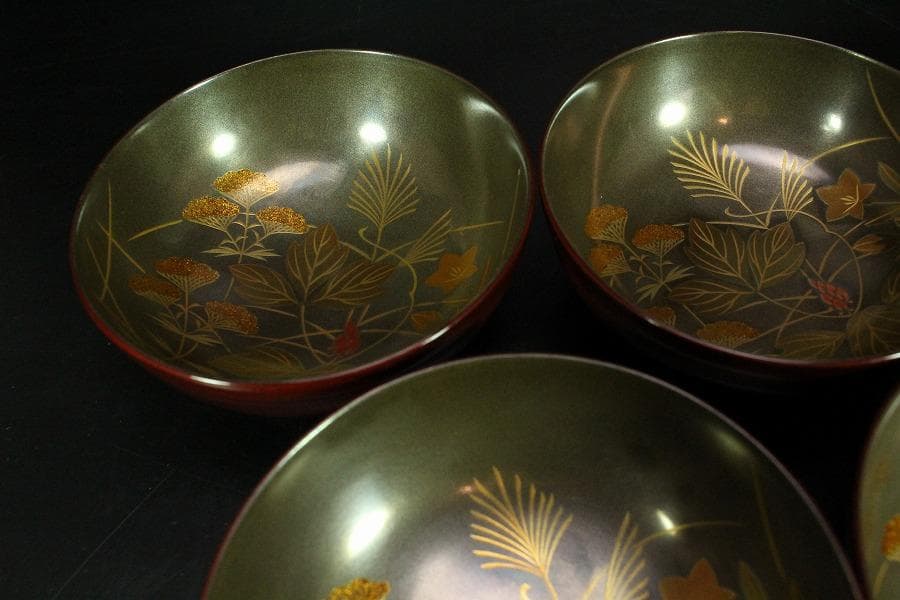 輪島塗 銀地草花紋 溜 糸目 椀 五客 極上(K-XA673)