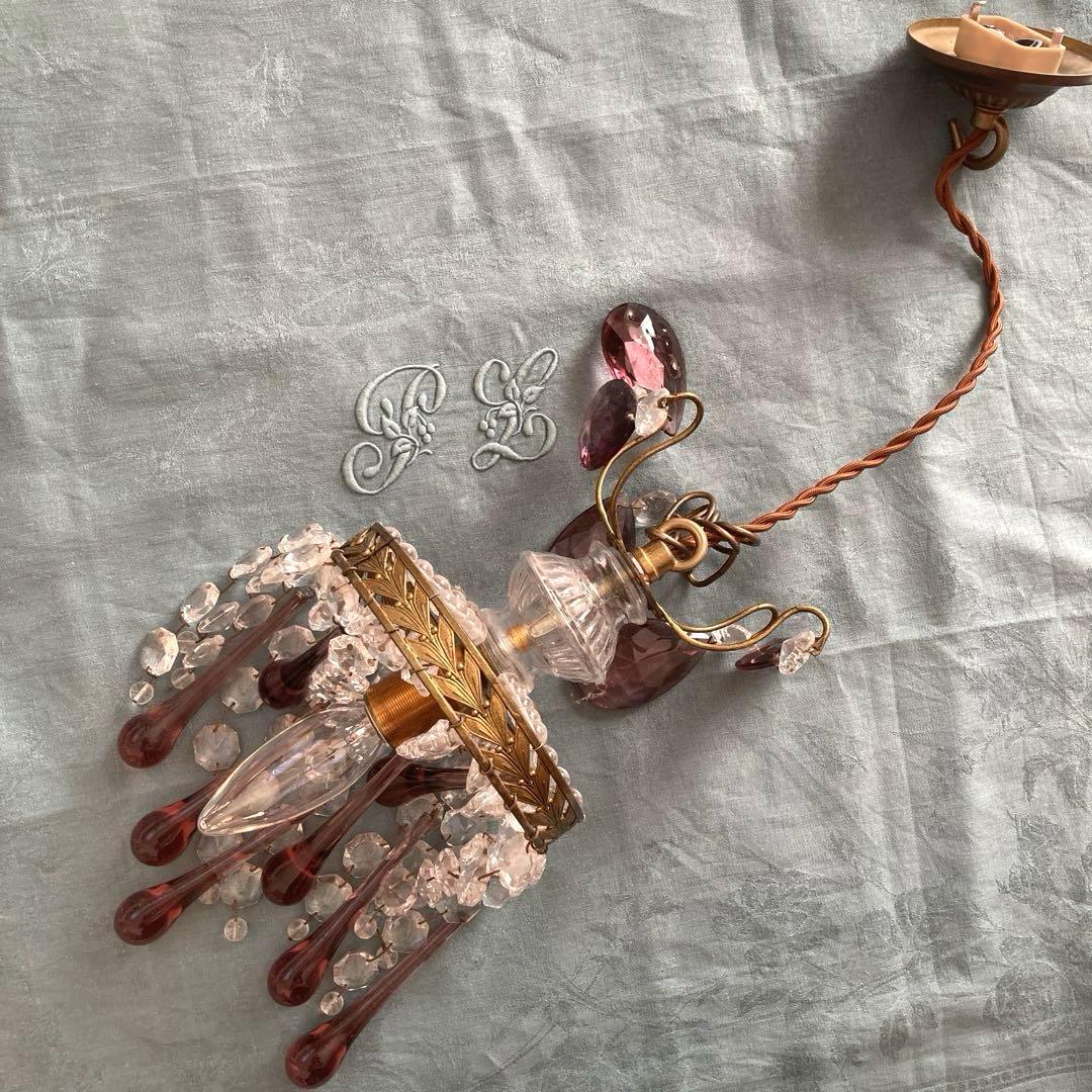 *訳あり クリスタルティアドロップ 1灯シャンデリア 薄紫 フランスアンティーク