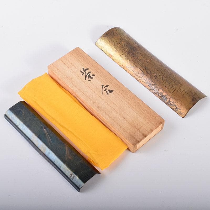 銅製　鎚起銅器　玉川堂造　松葉刻茶合　共箱　漢詩刻茶合　2点　V　R4229