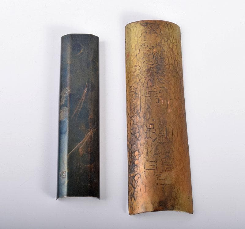 銅製　鎚起銅器　玉川堂造　松葉刻茶合　共箱　漢詩刻茶合　2点　V　R4229