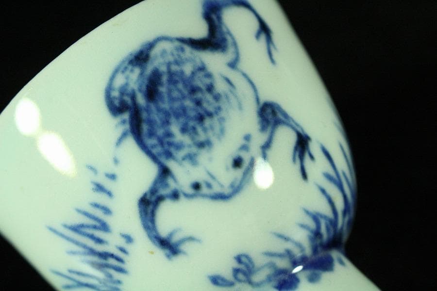 煎茶 染付 蛙 題詞 碗 五件 雅(K-LC760)