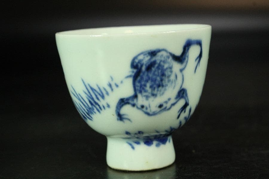 煎茶 染付 蛙 題詞 碗 五件 雅(K-LC760)