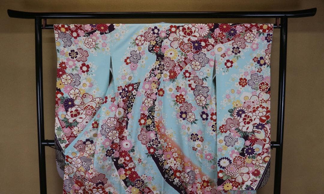 ブルー振袖（正絹）・六通袋帯（正絹）・長襦袢（合繊）三点セット 【美品】Sサイズ